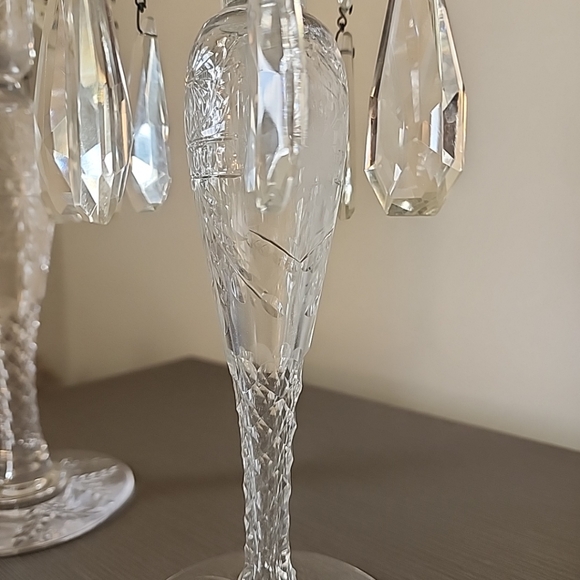 set of 2 vintage glass candle holders with bobeches, clear, glass, 10" tall - Picture 9 of 13